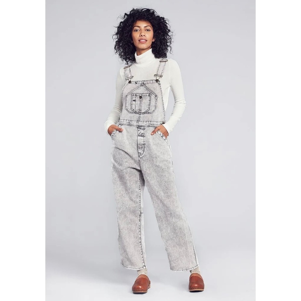 Faherty Brand Grey Acid Wash Denim Overalls Relaxed Straight Leg Small